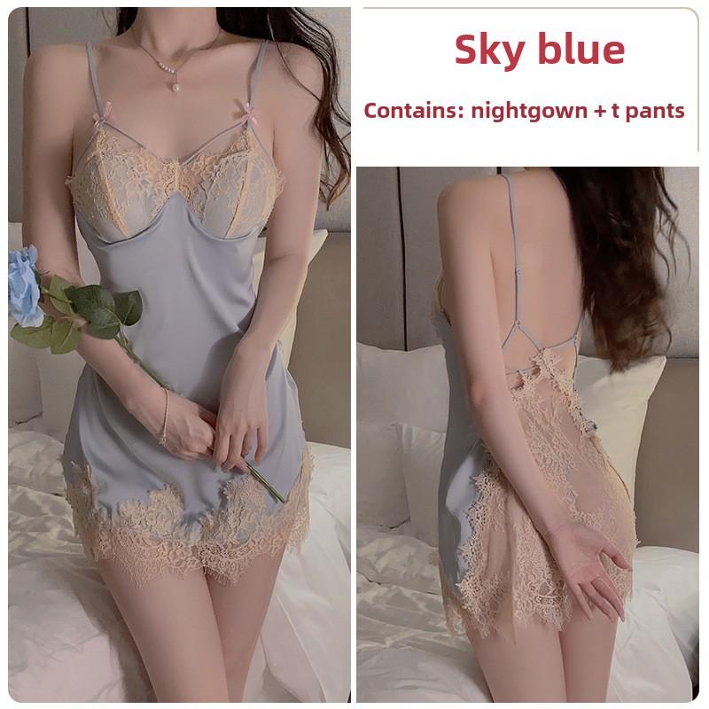 Sexy Plus Chest Pads Gather Nightgown Backless Temptation Pajamas Robe Women's Home Set