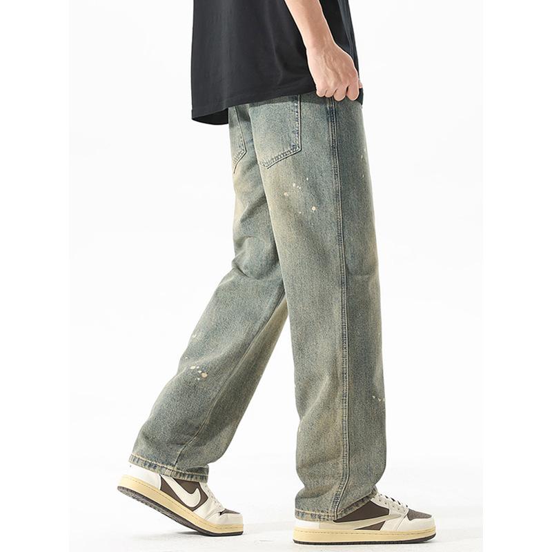 Mingge | American retro trendy brand ink splashing design jeans men's fashion loose casual wide-leg straight pants