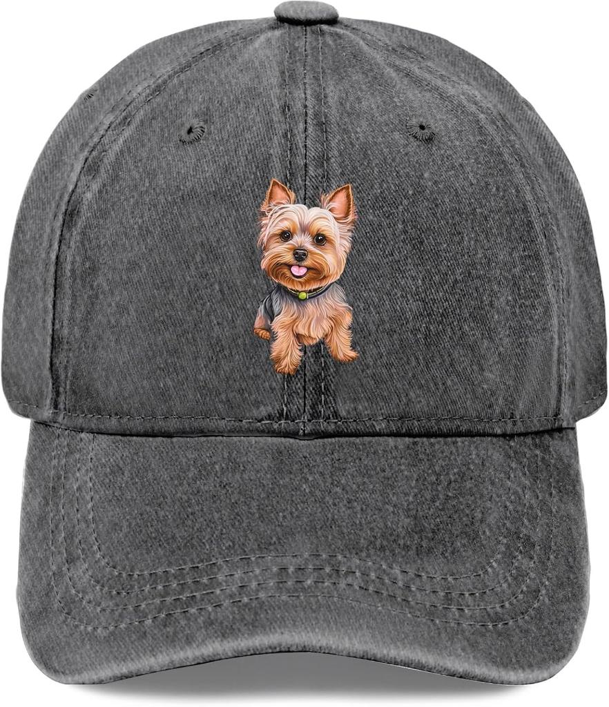 Yorkshire Terrier Dog Print Distressed Baseball Cap Soft Washed Adjustable Casual Outdoor Hat