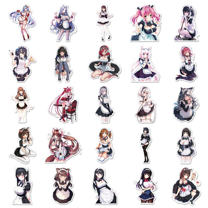 50Pcs Anime Cartoon Maid Stickers Cute Beauty Computer Cartoon Graffiti Suitcase Notebook Computer DIY Decoration Sticker Toy