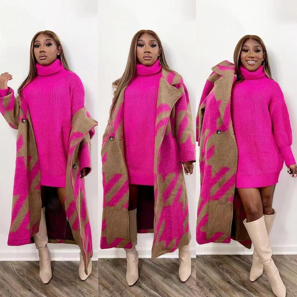 2025 European & American Autumn Women's Long-Sleeve Printed Woolen Coat with Colorful Lapel
