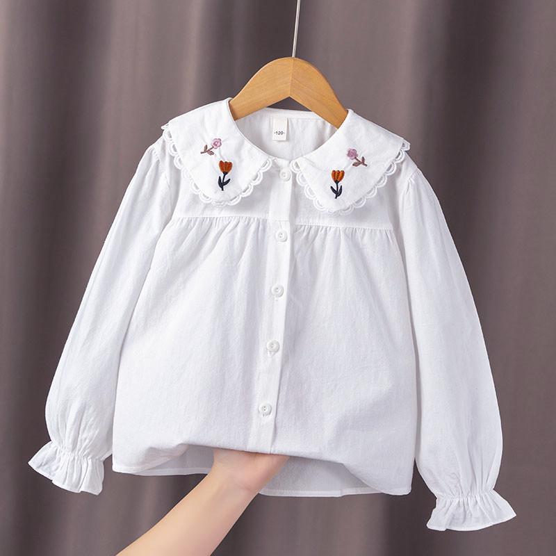 

Белая хлопковая рубашка для девочек на весну/осень 2024 года, отложной воротник, модный студенческий топ 120cm