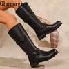 Winter Street Belt Buckle Women Knight Long Elegant Low Heel Female Slip On Knee High Top Booties De Muje