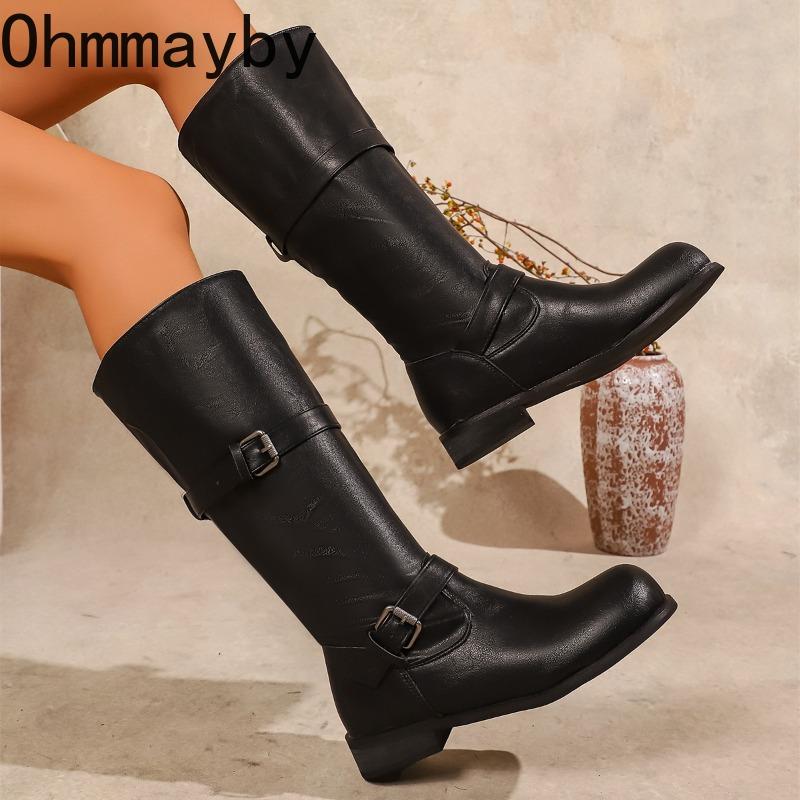 Winter Street Belt Buckle Women Knight Long Elegant Low Heel Female Slip On Knee High Top Booties De Muje