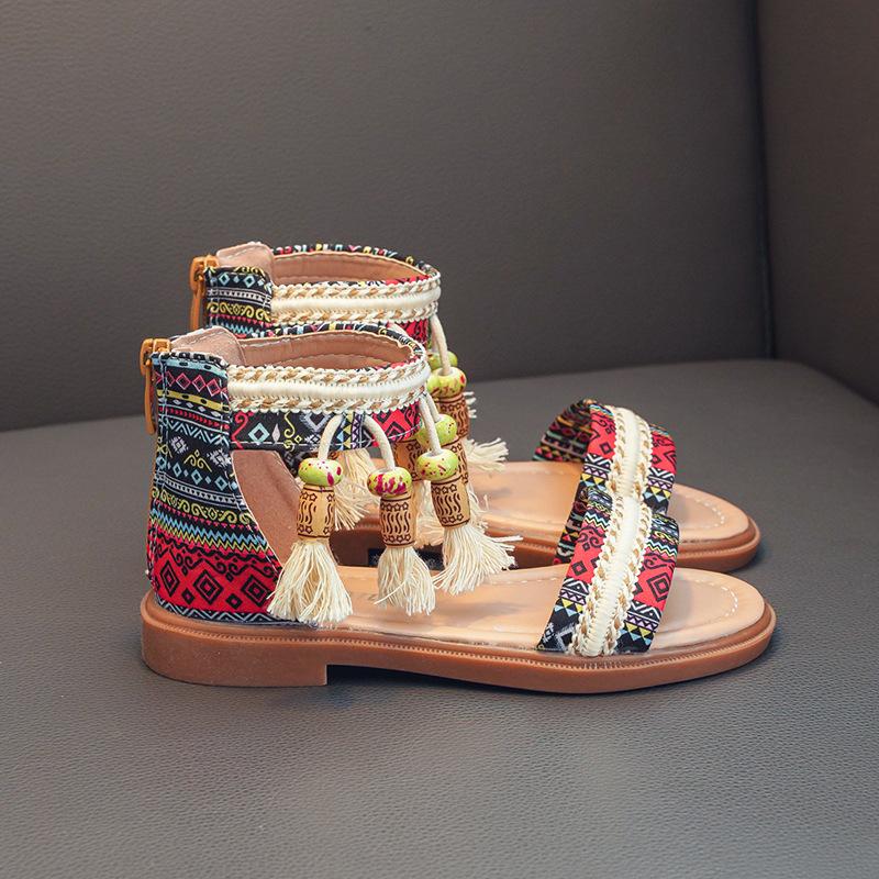 Children's Roman Shoes, Girls' Sandals, Summer Korean Edition, Middle and Large Children's Soft Bottom, Ethnic Style, Retro, Student Shoes