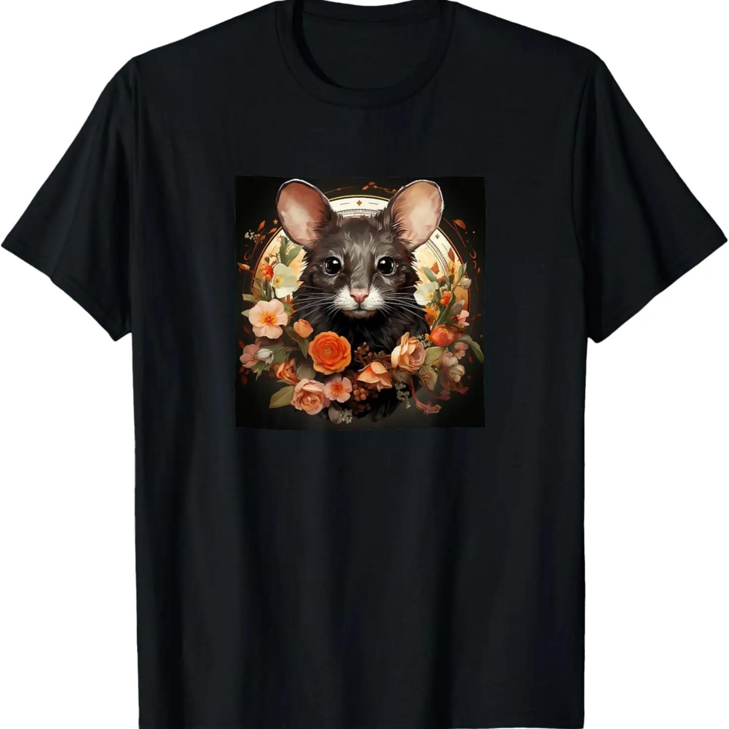 Rat With Flowers Around Boho Style Graphic T-Shirt S