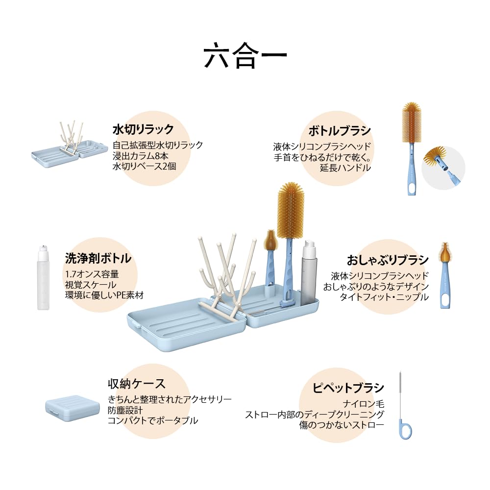 VOGOGE Travel Bottle Cleaner with Bottle Brush and Portable Bottle Drying Baby Travel Blue Rack, Essentials,