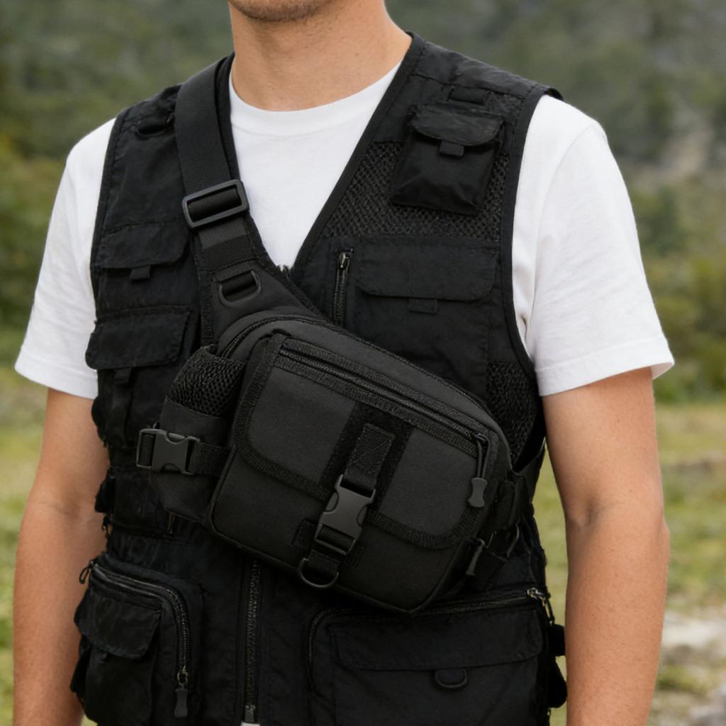 Outdoor Sling Bag for Men Nylon Water Proof Chest Shoulder Pack Sling Fishing Backpack for Hiking Camping Black
