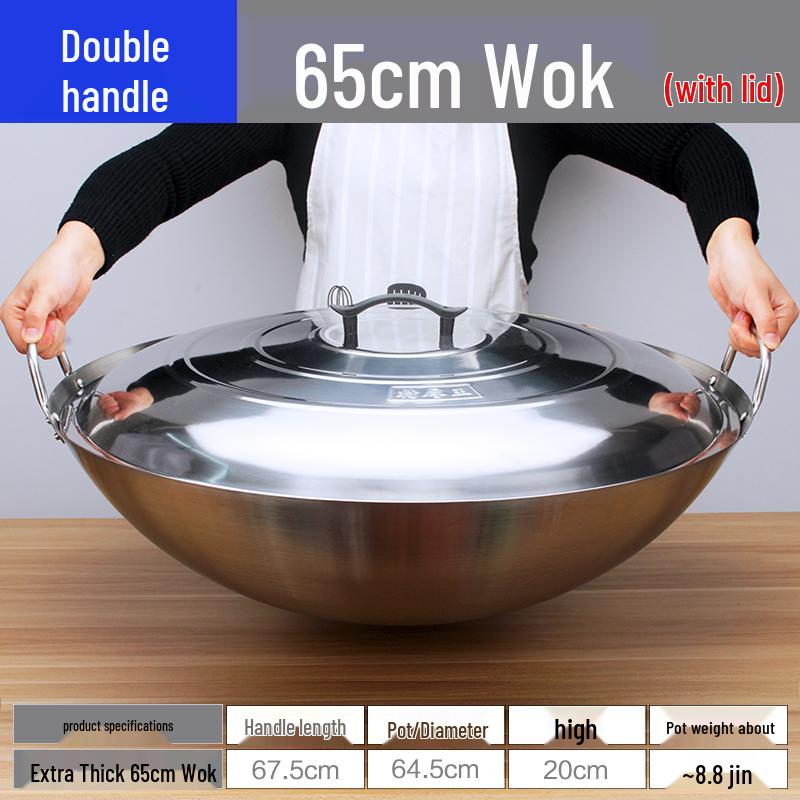 Extra Thick Non-Magnetic Stainless Steel Wok, 34-100cm Round Bottom with Double Ears for Commercial Use