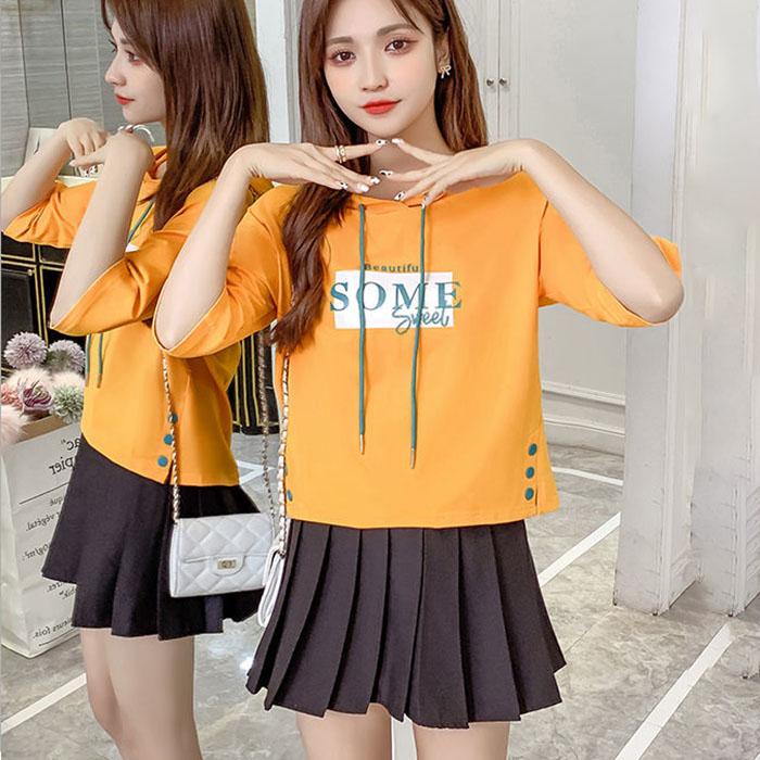 Short Sleeve 7 / 3 Sleeve Hooded Sweater Women's Middle Sleeve Spring and Summer Korean Loose Hooded Top