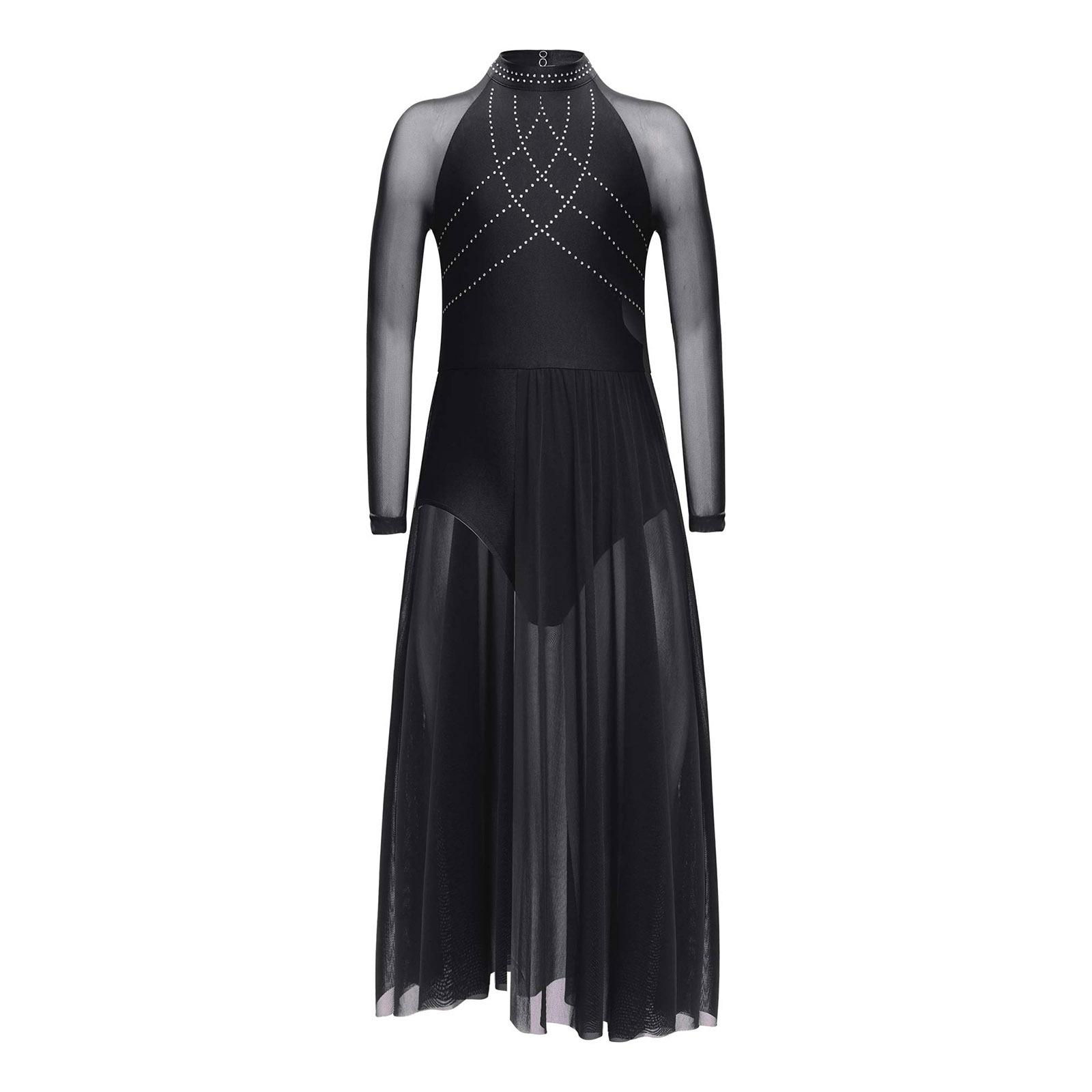 Ranrann Meisjes Performance Galajurk Strass Steentjes Transparant Mesh Patchwork Design Wapperende Split Rok Keyhole Rug Turnpakje 11-12 Years