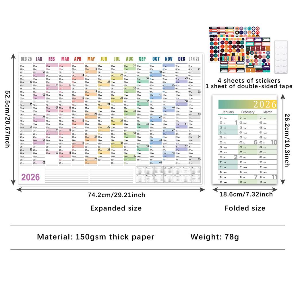 2026 Wall Calendar Large Annual Calendar with Colorful Stickers Paper Blank Poster Calendar Chart 365 Days Daily Planner for Office Home Foldabl