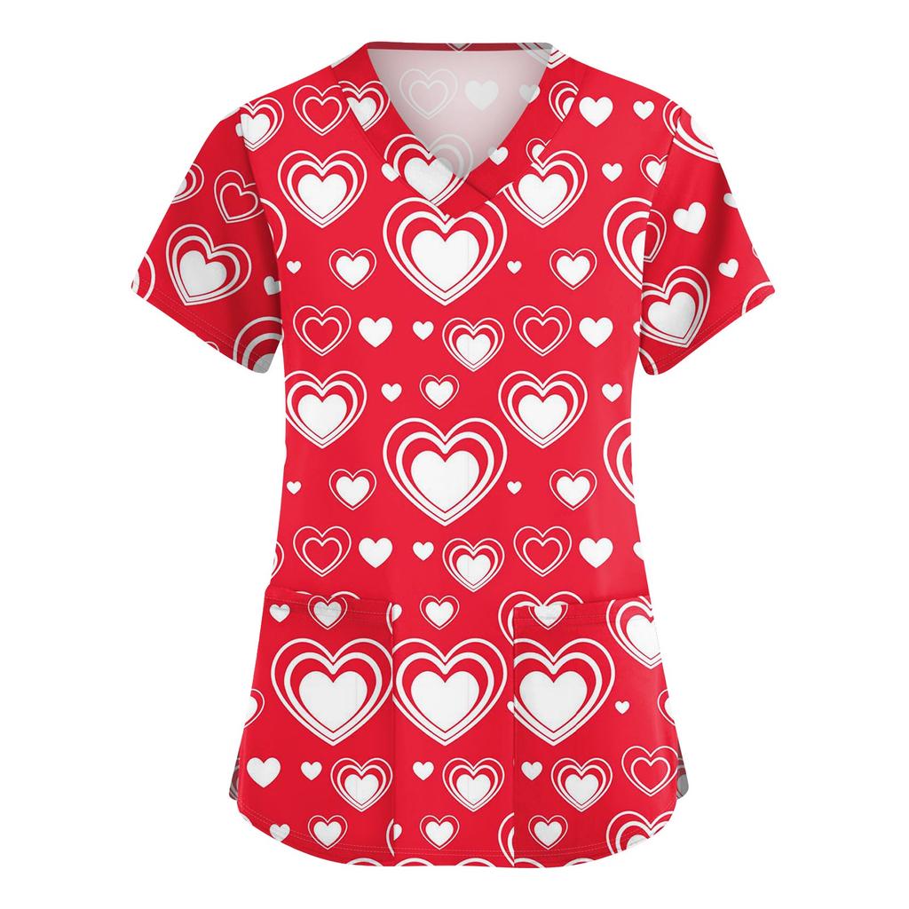 Women's Cute Bow Printed Work Clothes V-neck Double Layer Pockets Basic Short Sleeve Top Pullover