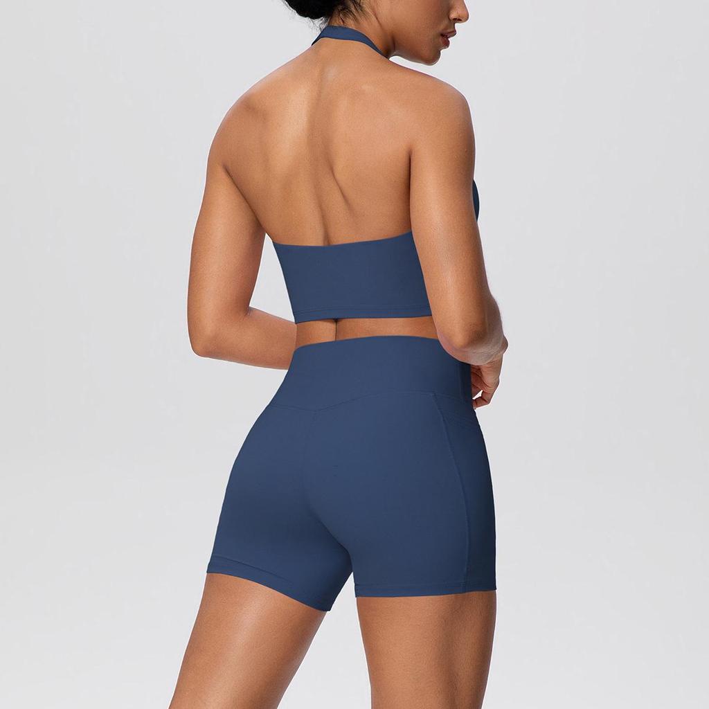 Solid Color Cross-Border Yoga Suit Set: Brushed Hanging Neck Vest with Pocket Pants and Fitness Shorts for Women