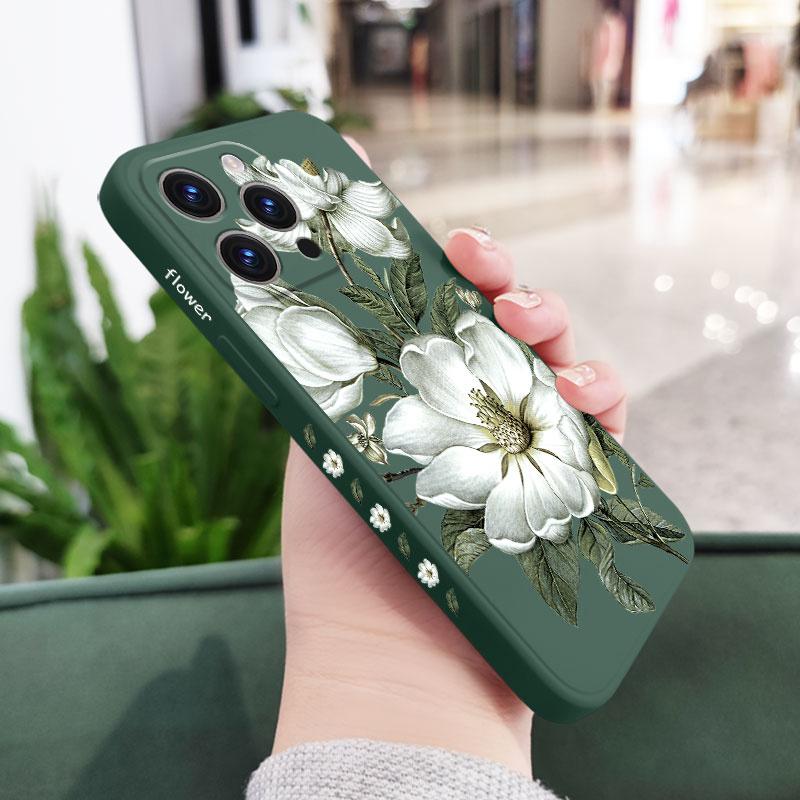 

Magnolia Pattern Soft Liquid Silicone Fall Prevention Case Cover For iPhone 16 16e 15 Pro Max 14 Plus 13 12 11 X Xs Max XR 7 8 Samsung Huawei Xiaomi Redmi Note 8 Pro зелёный
