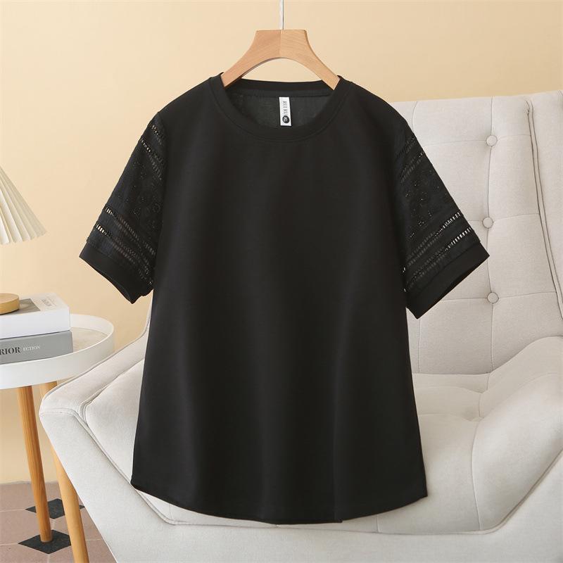 2026 Plus Size Women s Summer Cotton T-shirt, Short Sleeve, Round Neck, Hollow Sleeves, Versatile Design 2XL чёрный