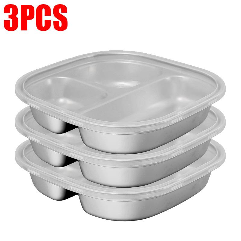 Stainless Steel Dinner Plate with Lids 3 Grid Student Children Dishes Serving Tray Divided Fruit Salad Food Plate Tableware