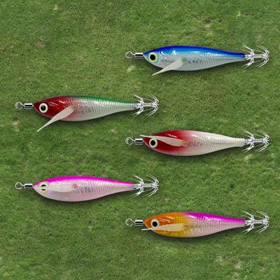 Luminous Artificial Squid Hook Horizontal Prawn Hook 80mm Wood Shrimp Cuttlefish Hard Bait for Cuttlefish Sea Fishing