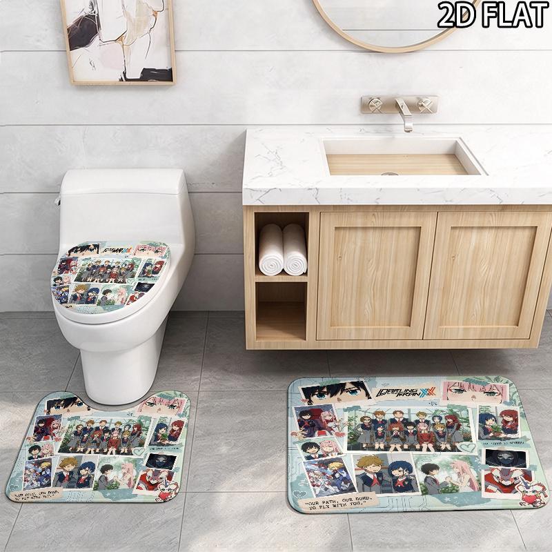 Franxx Collage 3Pcs Flannel Toilet Mat Set Bathroom Rug Bath Carpet Non Slip Home Decor Toilet 3 Pcs Bathroom Textile Set