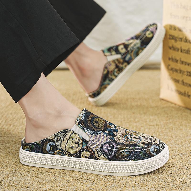 Summer New Versatile Casual Men's Shoes Cloth Shoes Half Drag, Gray Yellow