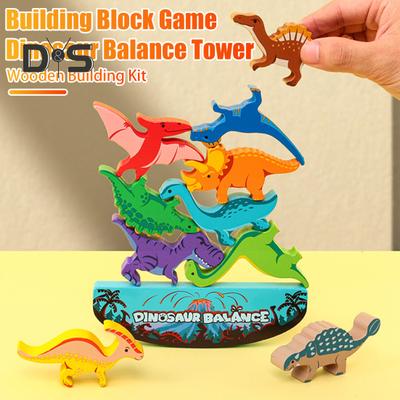 1 Set Dinosaur Building Block Stacking Game Kids Educational Wooden Cartoon Dino Brick Stacking Balance Tower Toy Toddlers Boys Girls Gift