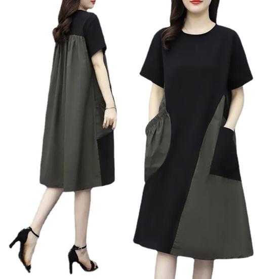 Damen Midi Kleid Rundhalsausschnitt Kurzarm Locker Geschnitten Sommerkleid mit Taschen Patchwork Farbe Leichtes Freizeitkleid