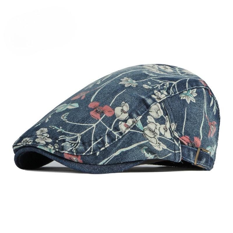Women's Ethnic Floral Print Beret Vintage Washed Denim Flat Cap British Retro Newsboy Hat Fashion Duckbill Cap Casual Forward Hat Adjustable