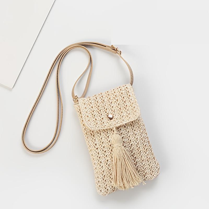 

Summer New Women s Bag/Beach Vacation Travel Fashion/Straw Woven Solid Color/Tassel Easy Versatile Mini бежевий