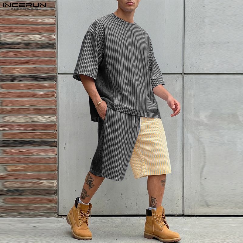 INCERUN Two Pieces Summer Men O Neck Striped Hollow Patchwork Short Sleeve Tops and Shorts Sets