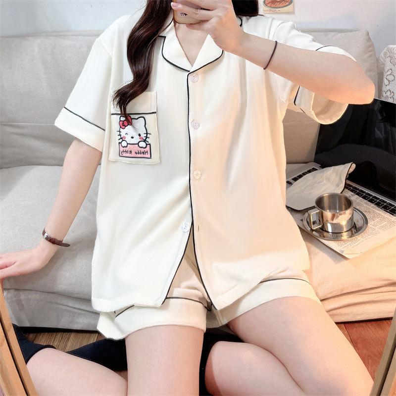 Summer Pajamas Women's Imitation Cotton Korean Cute Cartoon Sweet Student Short-sleeved Loungewear Suit