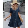 Women's Summer Single-Breasted Loose-Fit Short-Sleeve Pocket Dress with Ruffled Hem, Casual Dress