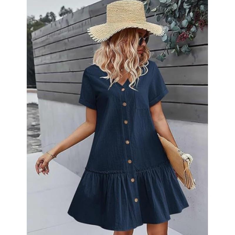Women's Summer Single-Breasted Loose-Fit Short-Sleeve Pocket Dress with Ruffled Hem, Casual Dress