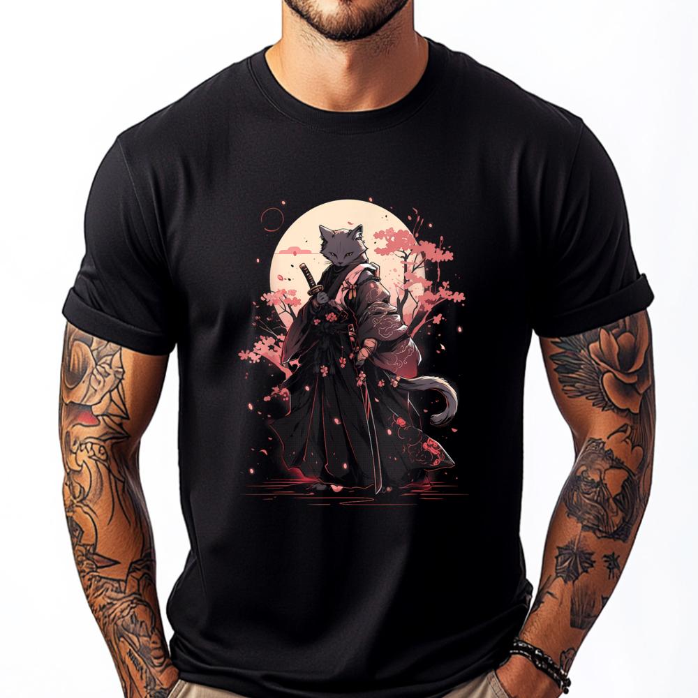 Cat Samurai Ninja Cat Samurai Art Ukiyo E Oversized T Shirt Men s Clothing Christmas Printed T-Shirt Men Clothing S