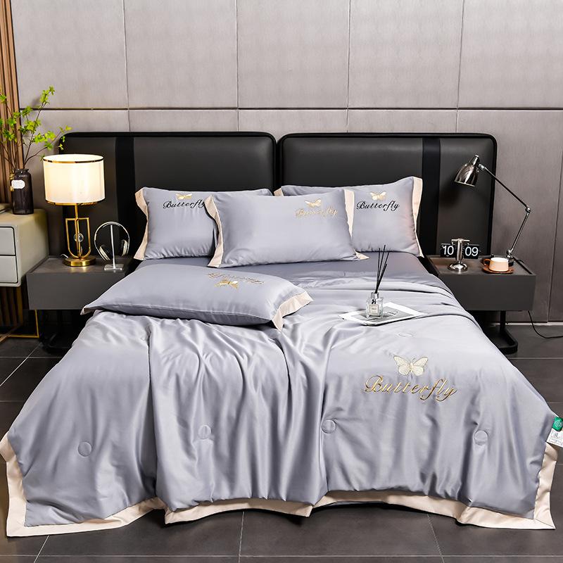 New Washed Ice Silk Embroidered Summer Quilt Four-Piece Summer Quilt Simple Solid Color Air Conditioning Quilt Summer Cool Quilt