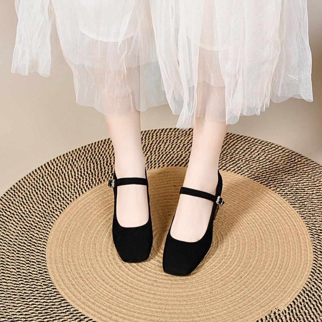 Square Head High Heels Women's Spring New Black Light Mouth One-word Buckle Single Shoes Black Work Shoes Mary Jane Shoes