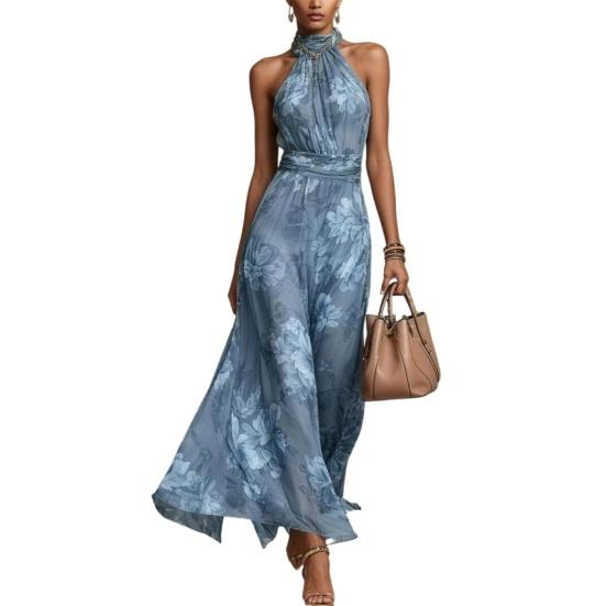 Yangyizhi Floral Chiffon Dress for Women, Halter Sleeveless Ruched Maxi Dress, Turtle Neck Wedding Guest Cocktail Evening