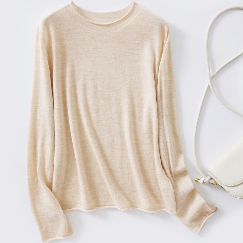[Solid Color Basic Edition Sweater] Winter Round Neck Long Sleeved Rolled Edge Design Versatile Daily Women's Wool Sweater