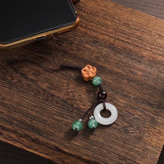 Flower Mobile Phone Charm Braided Cell Phone Strap with Wooden Flower Charm And Faux Jade Ring Chinese Style Phone Lanyard