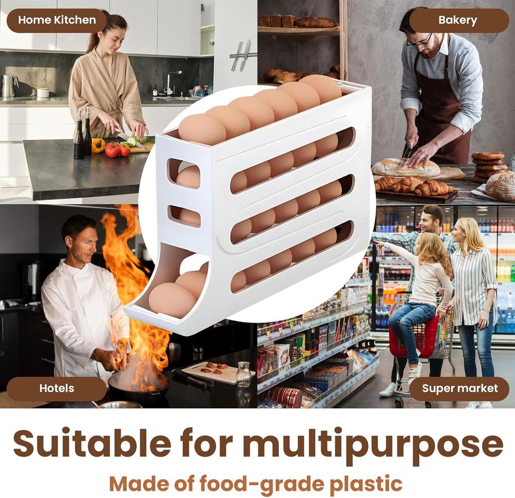 30 Egg Refrigerator Holder - Automatic Rolling Refrigerator Egg Organizer, Space Saving Egg Dispenser, 4 Tier Egg Holder Organiz