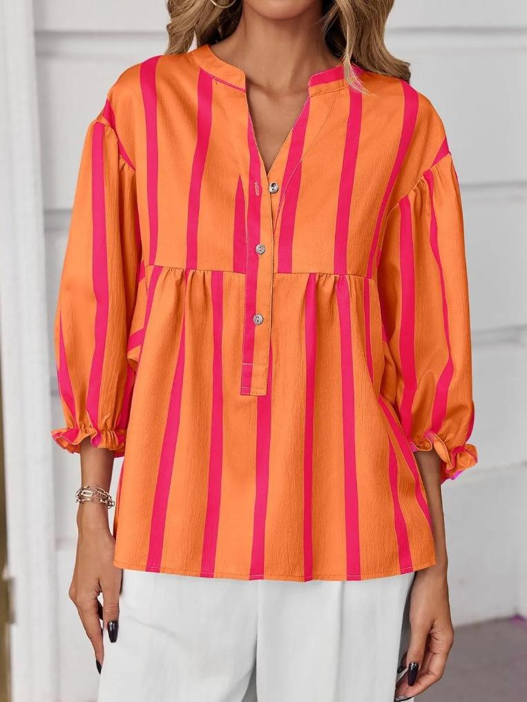 

Multi-Color Stripe V-Neck Puff Sleeve Blouse with Button Front S оранжевый