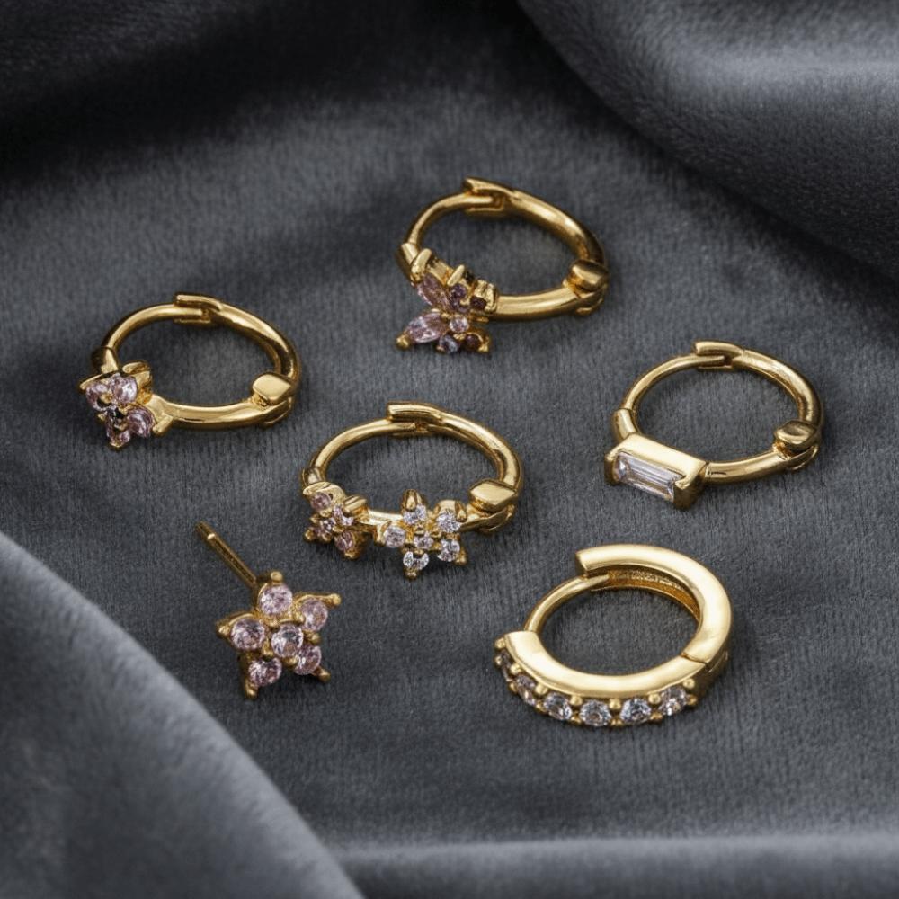 6Pcs Copper Flower Butterfly Earrings Hook Piercing Crystal Ear Studs Zircon Earring Set  Ladies