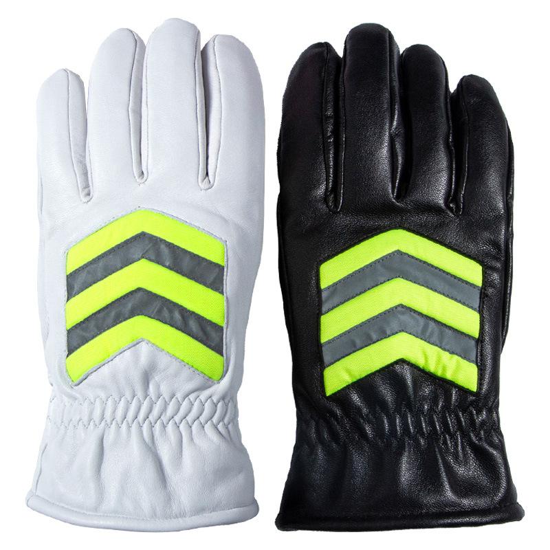 Night Cycling Traffic Command Fluorescent Reflective Plus Velvet Thickened Security Guard Duty White Bend Finger Goat Leather Genuine Gloves