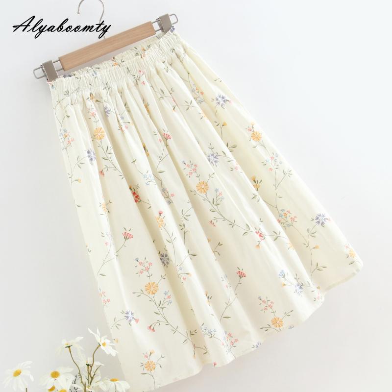 Letní dámský japonský styl Preppy Sukně A-Line Pružný pas Meruňkový květinový potisk Bavlna Sladké sukně Dámské