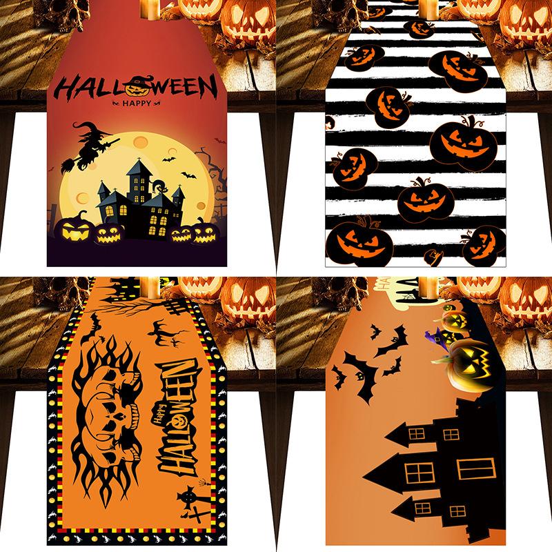1pc Halloween Table Runner Witch Sunset Skull Bat Castle Table Runner Durable Tablecloth for Halloween Dinning Room Decoration
