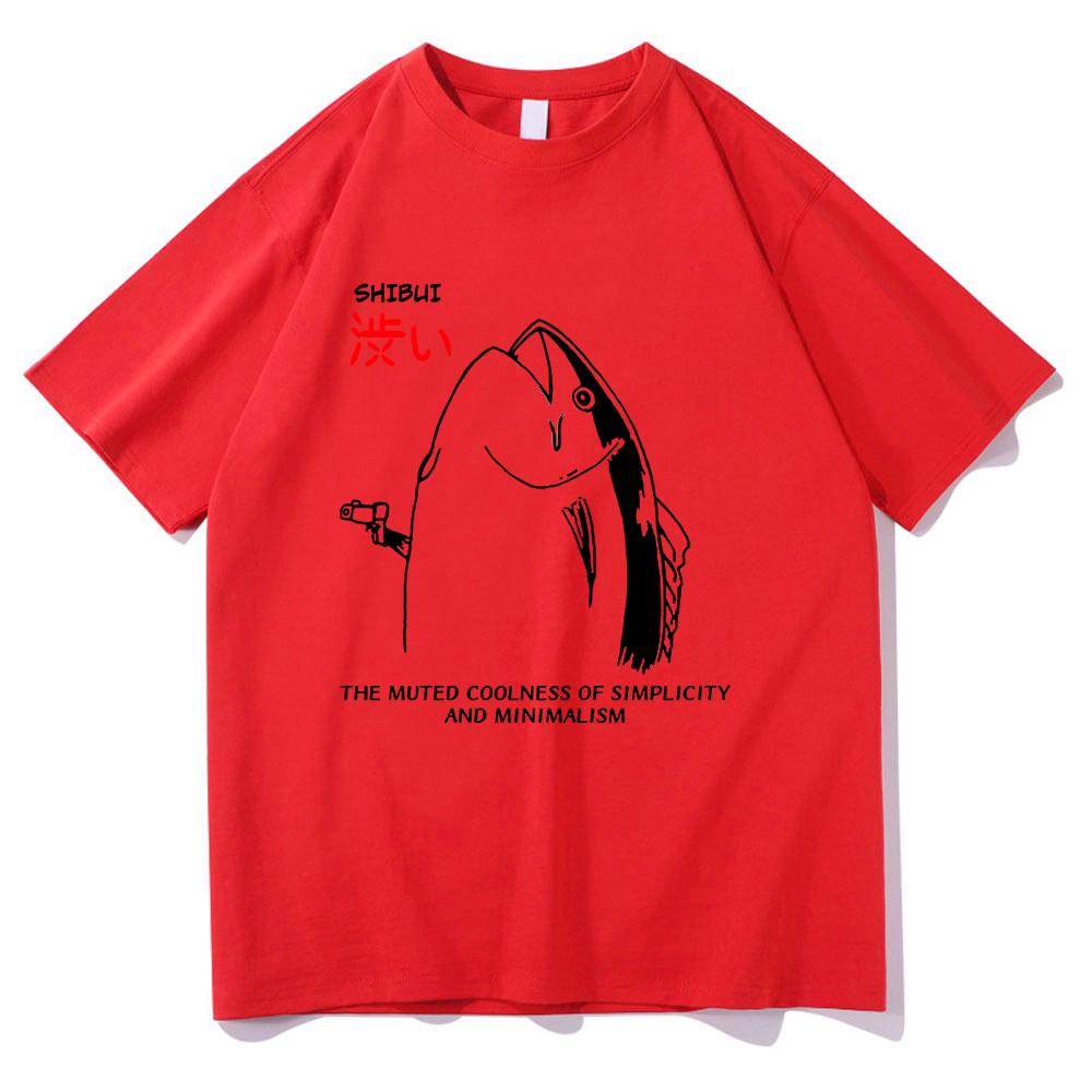 Harajuku Style Lovely Autumn All-purpose Top Fun Japanese Fish and Gun Design T-shirt Couples Unisex Cotton Design T-shirt