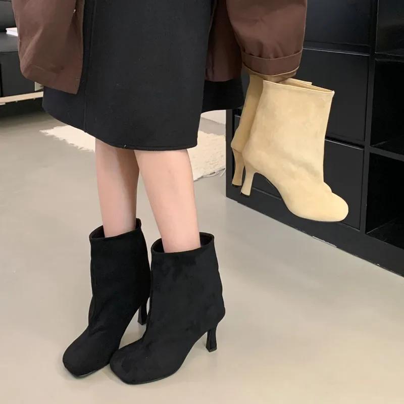 Fashion Luxury Women's Shoes Street Style Pleated Round Toe Women Ankle Boots Thin Heels Shoes Winter Concise Chelsea Short Botas Mujer