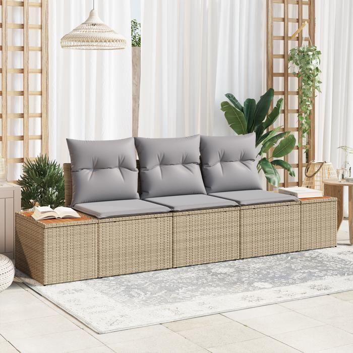 VidaXL Ensemble de Canapé de Jardin 3 Pièces avec Coussins Beige Poly Rattan Acacia 3348016