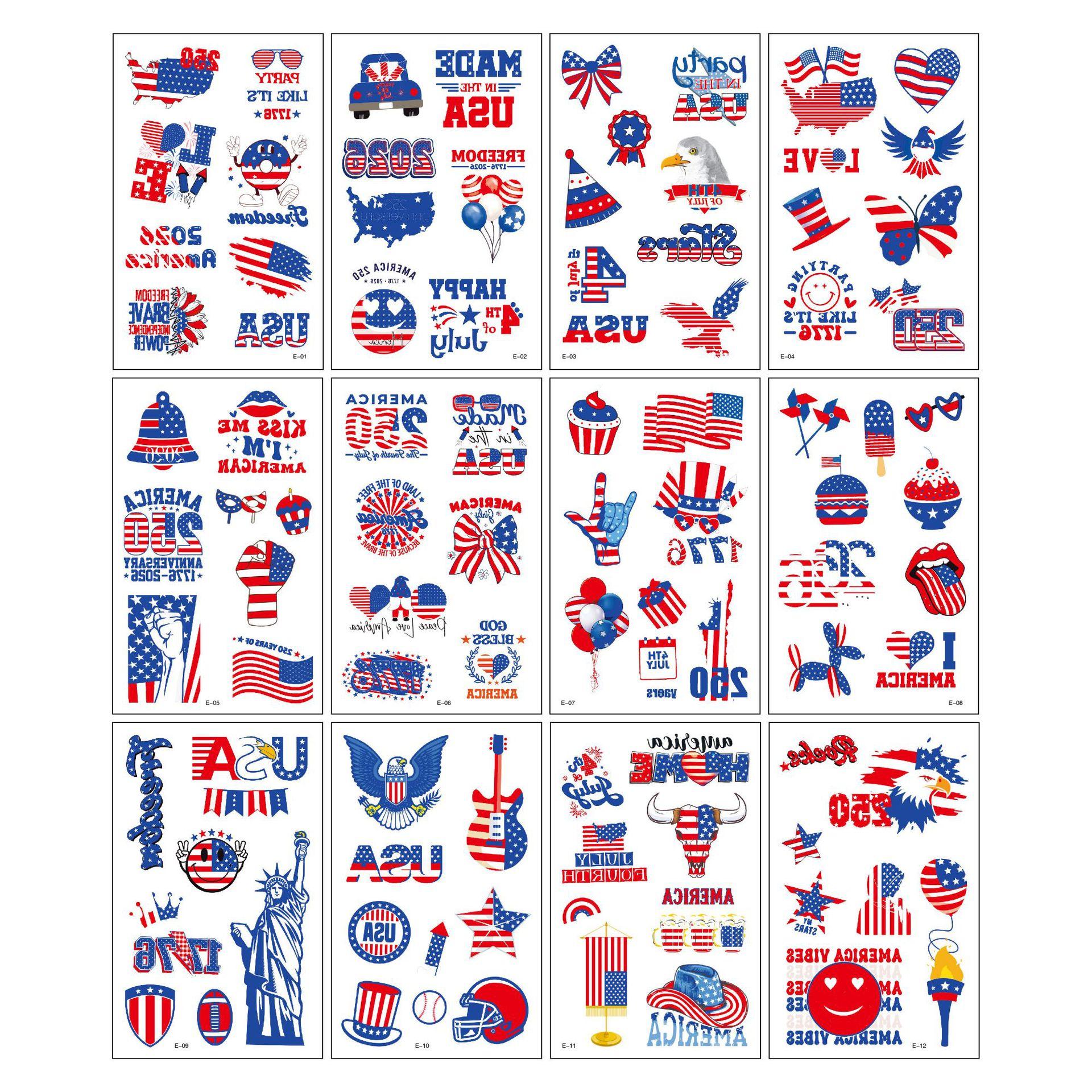 US Flag-Colored Clown Wig Glasses Scarf Included American Flag Stickers Waterproof Patriotic Temporary Tattoos Stickers