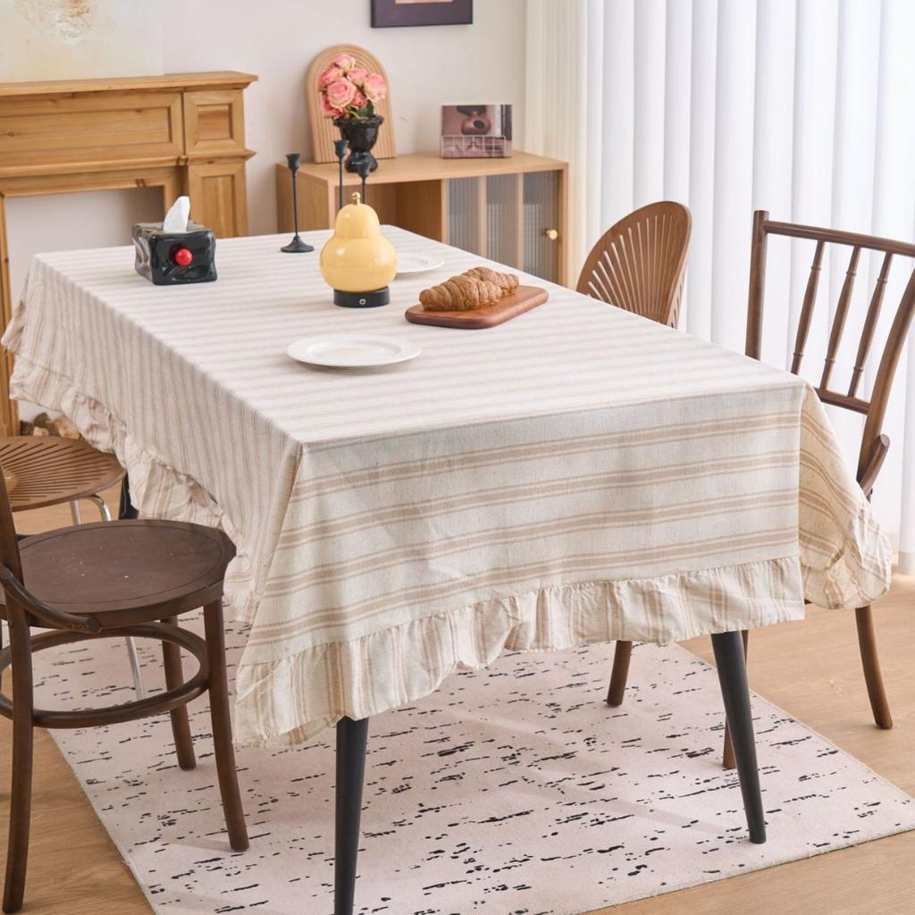 Tablecloth French Retro Striped Yarn-Dyed Cotton And Linen Ruffle Edge Striped Green Dining Table Living Room Fabric