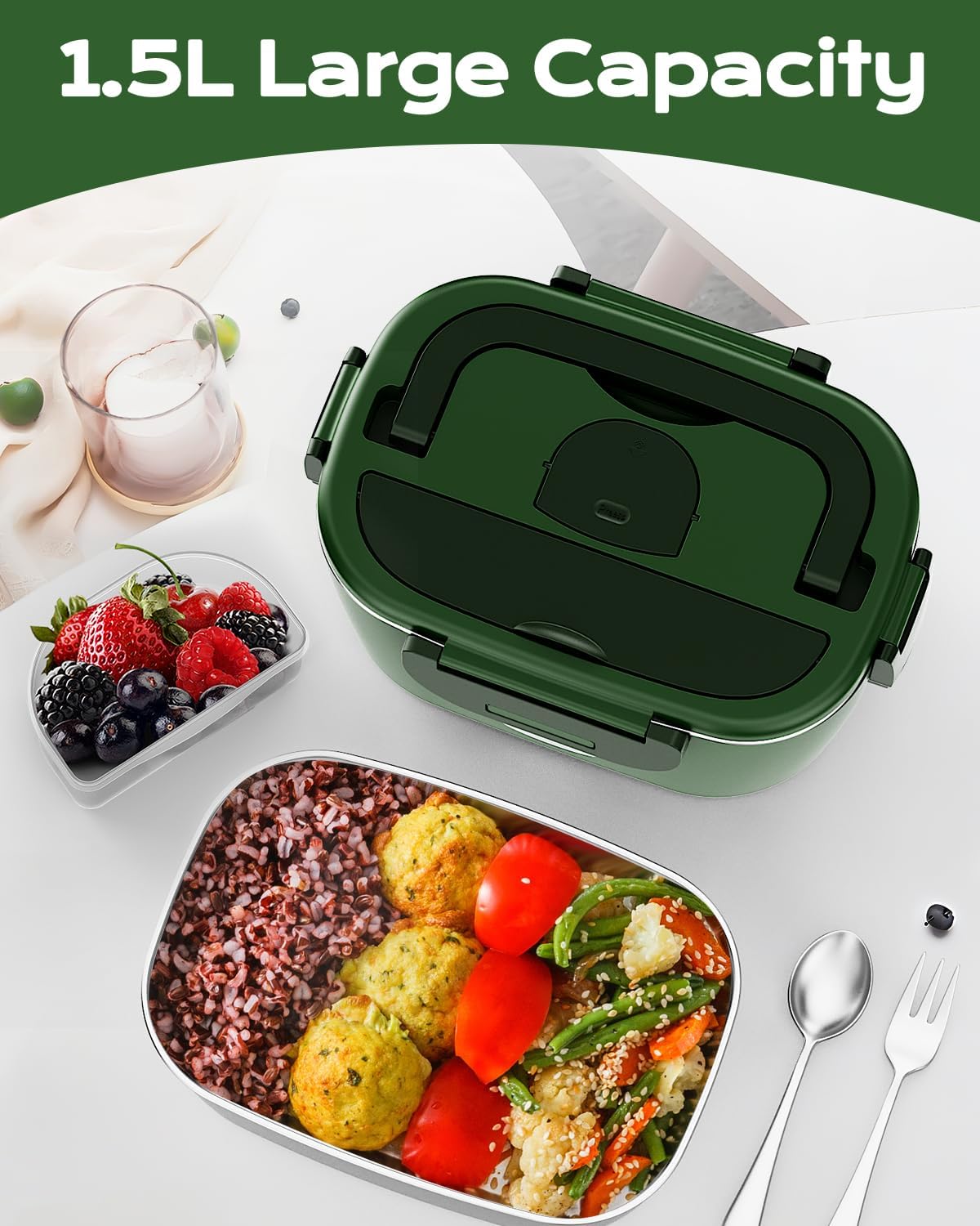 

Electric 1.5L Stainless Steel Heated Lunch Box – 80W Fast Heating Food Warmer, Green United States